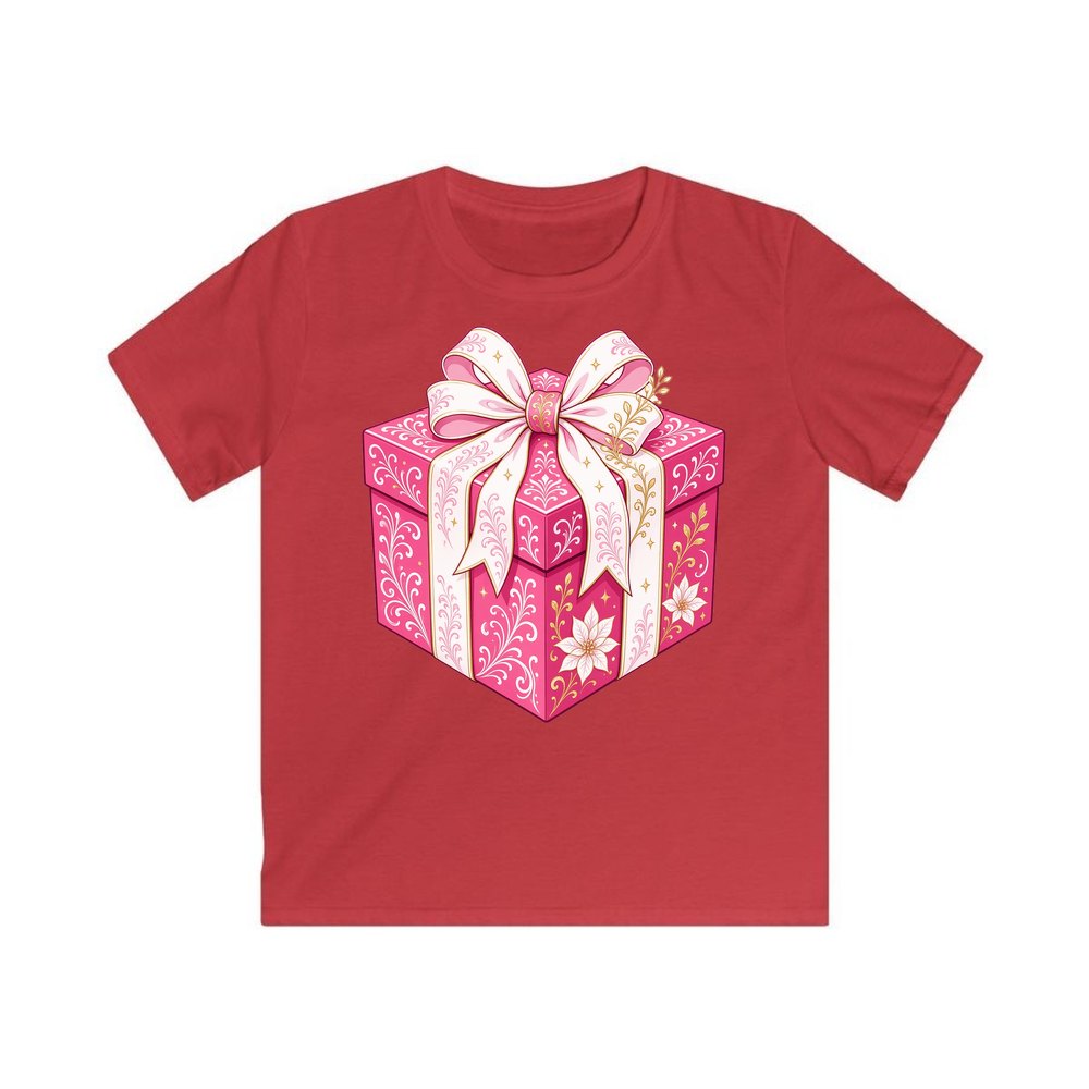 Pink Gift Box White Ribbon personalised kids Christmas tee in red