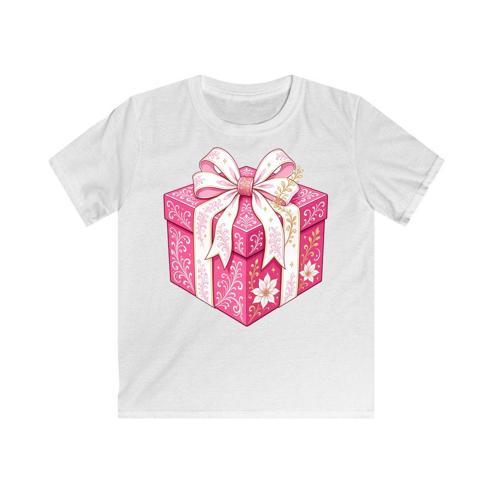 Pink Gift Box White Ribbon personalised kids Christmas tee in white
