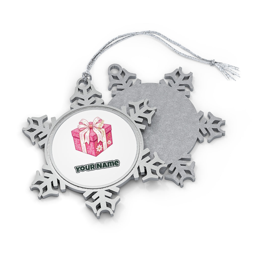 Pink Gift Box White Ribbon Personalised Pewter Christmas Ornament