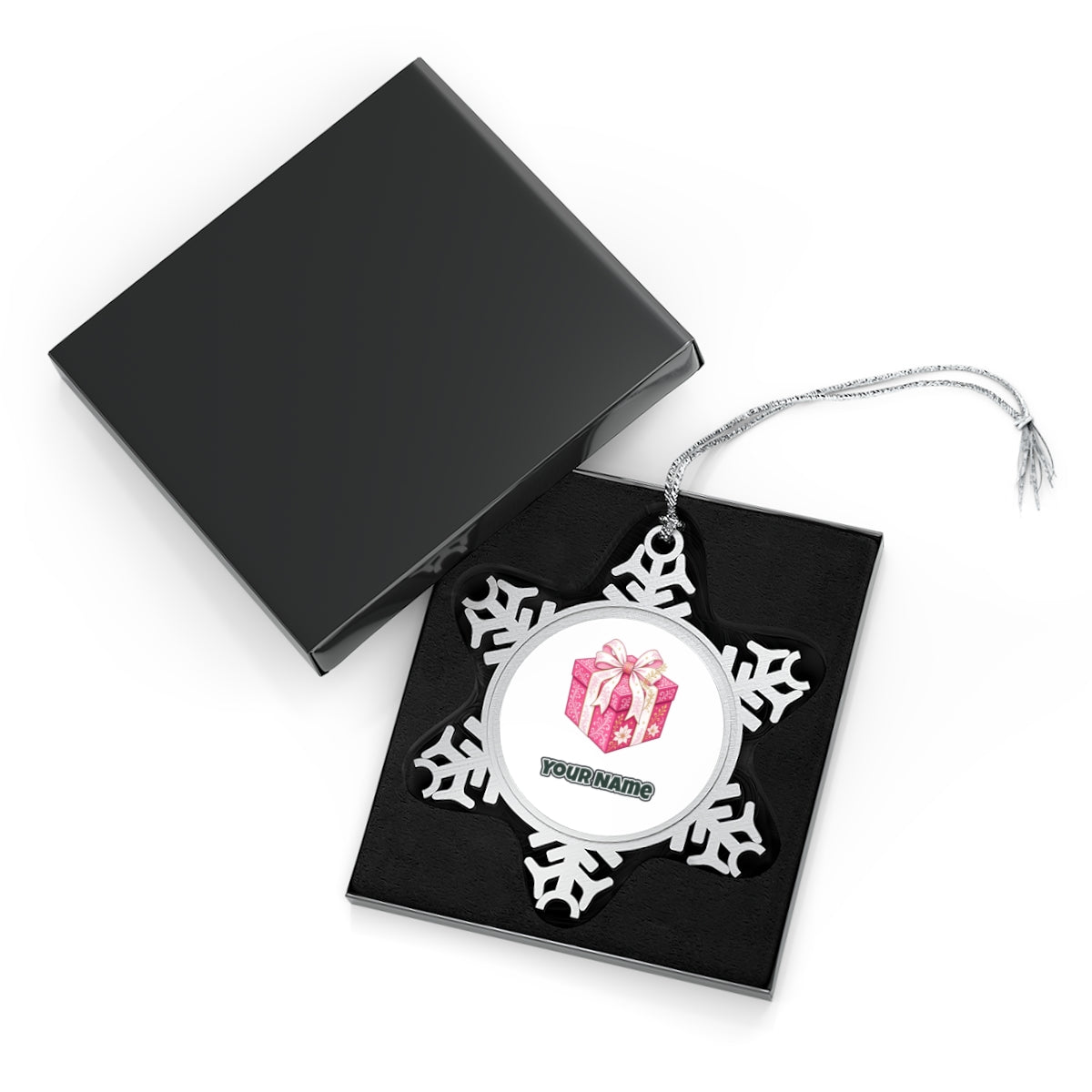 Pink Gift Box White Ribbon Personalised Pewter Christmas Ornament