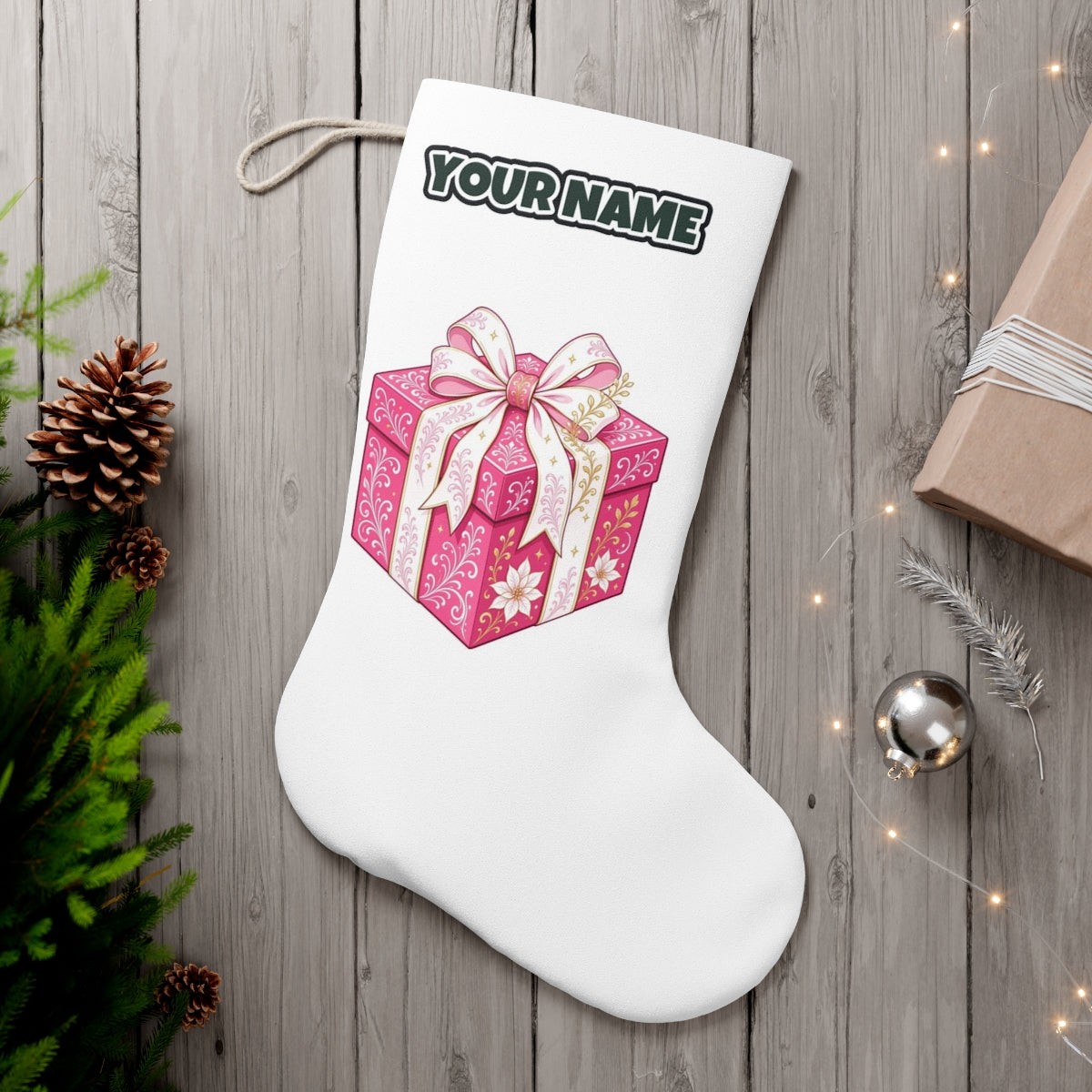 Pink Gift Box White Ribbon personalised Christmas stocking, white, with the name across the top
