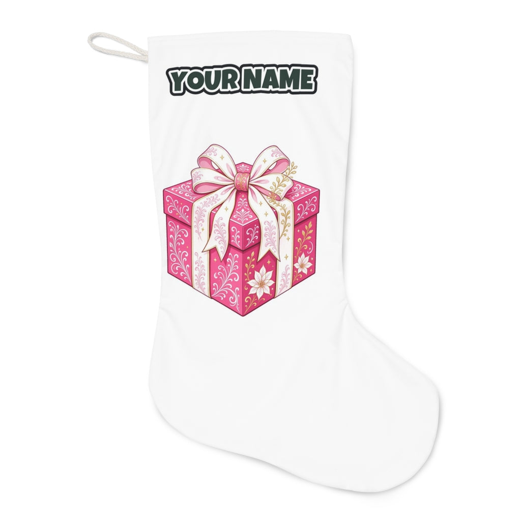 Pink Gift Box White Ribbon Christmas stocking laid flat, showing the full print