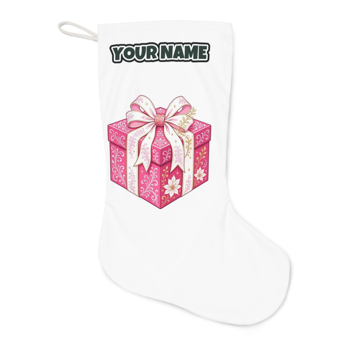 Pink Gift Box White Ribbon Christmas stocking laid flat, showing the full print