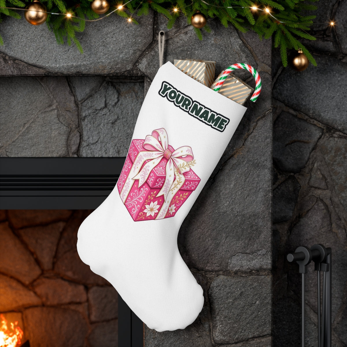 Pink Gift Box White Ribbon personalised Christmas stocking hanging on a mantel