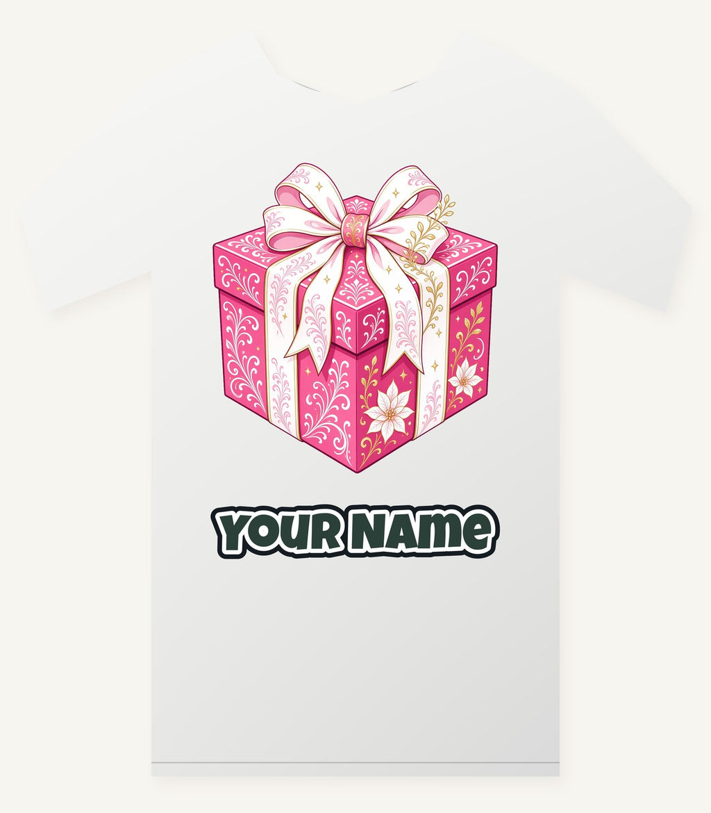 Pink Gift Box White Ribbon Personalised Christmas T-Shirt and Hoodie