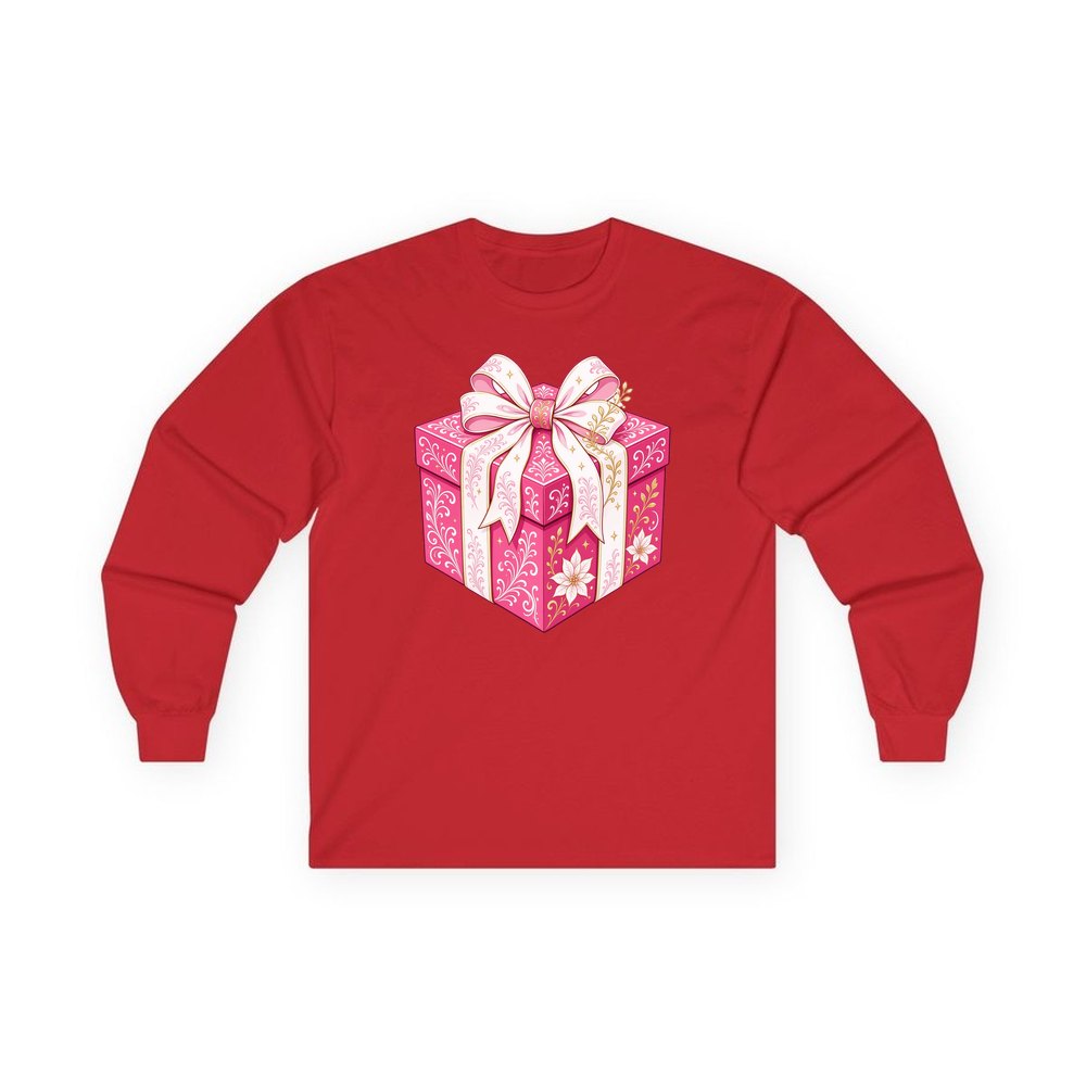 Pink Gift Box White Ribbon personalised long sleeve Christmas T-shirt in red