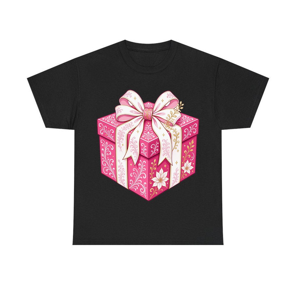 Pink Gift Box White Ribbon personalised Christmas T-shirt in black