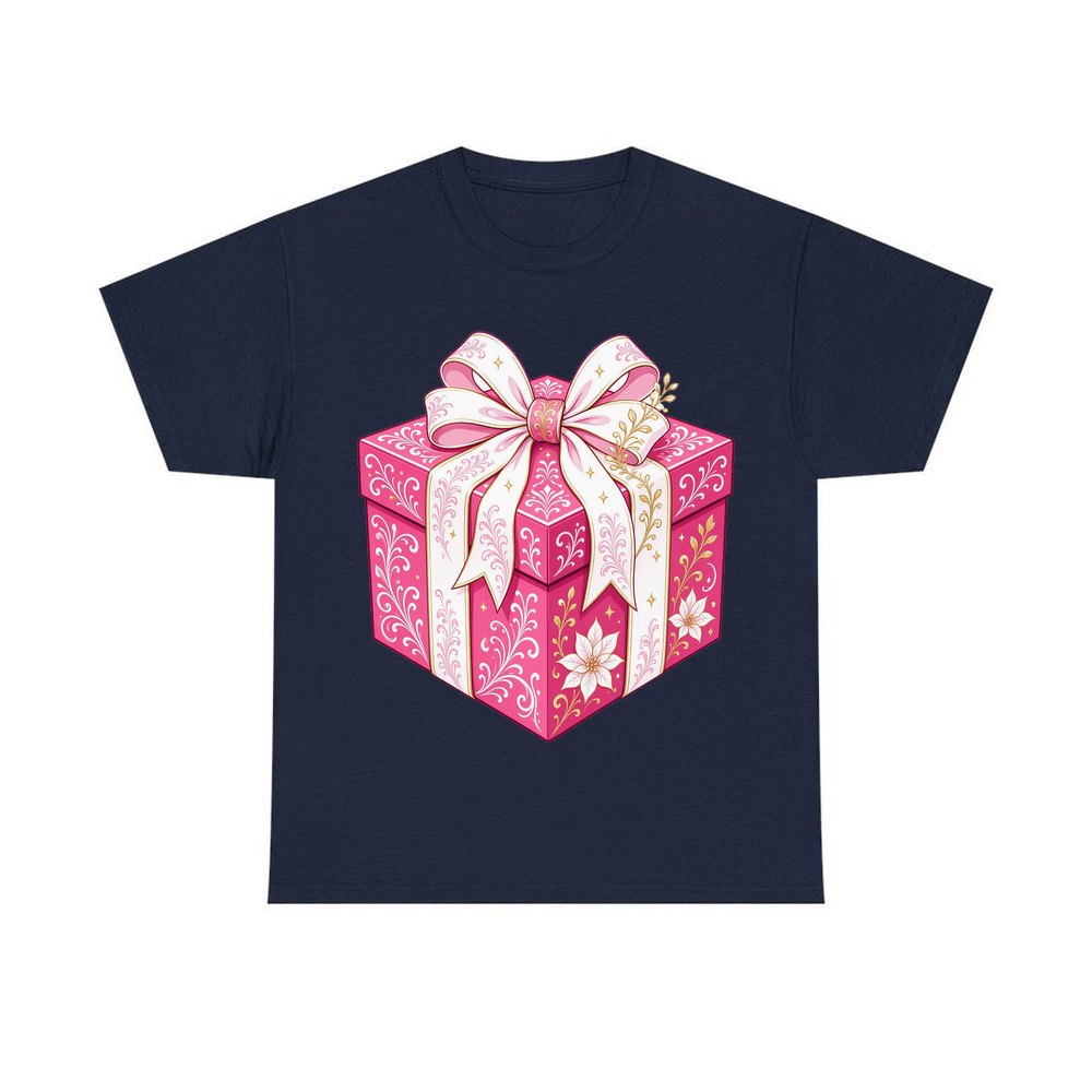 Pink Gift Box White Ribbon personalised Christmas T-shirt in navy