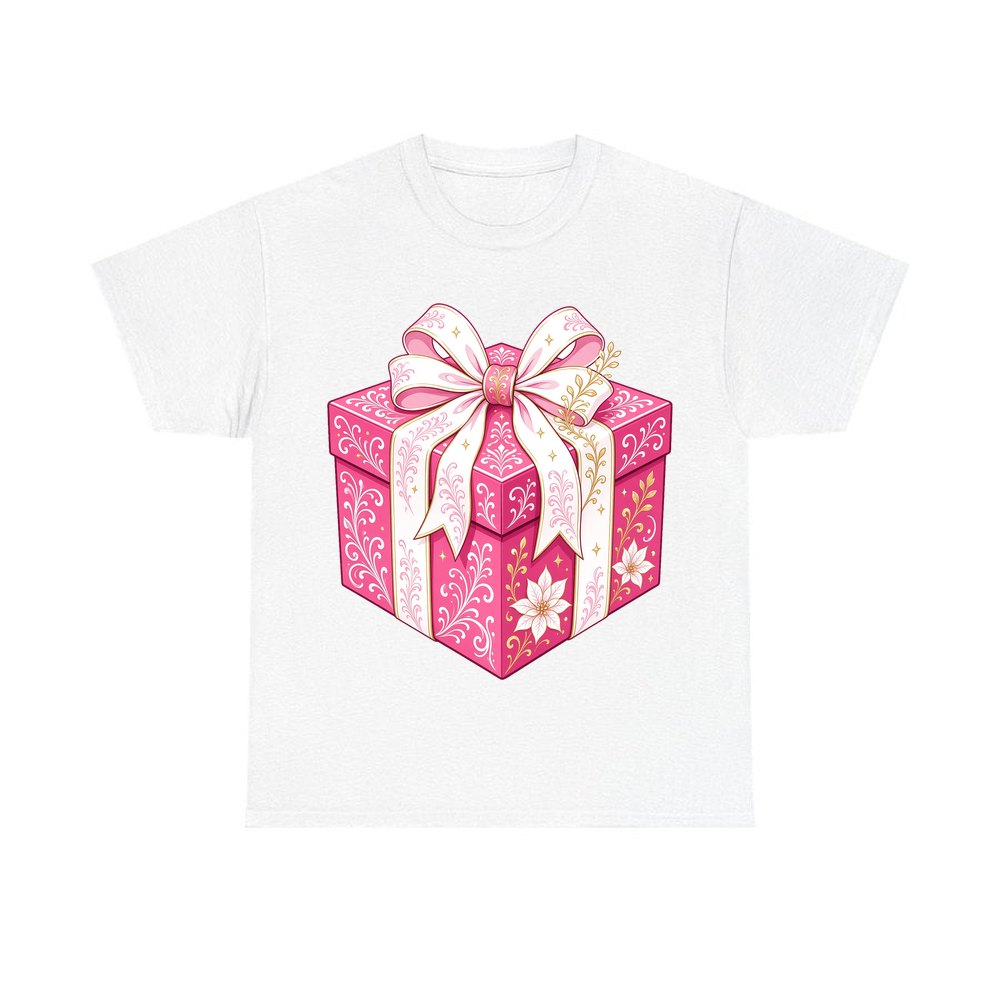 Pink Gift Box White Ribbon personalised Christmas T-shirt in white