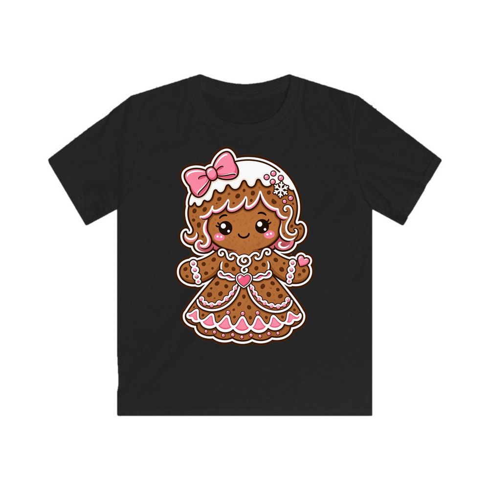 Pink Gingerbread Girl Biscuit personalised kids Christmas tee in black