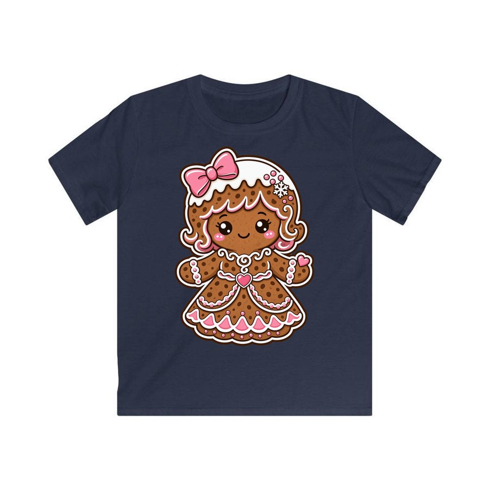 Pink Gingerbread Girl Biscuit personalised kids Christmas tee in navy