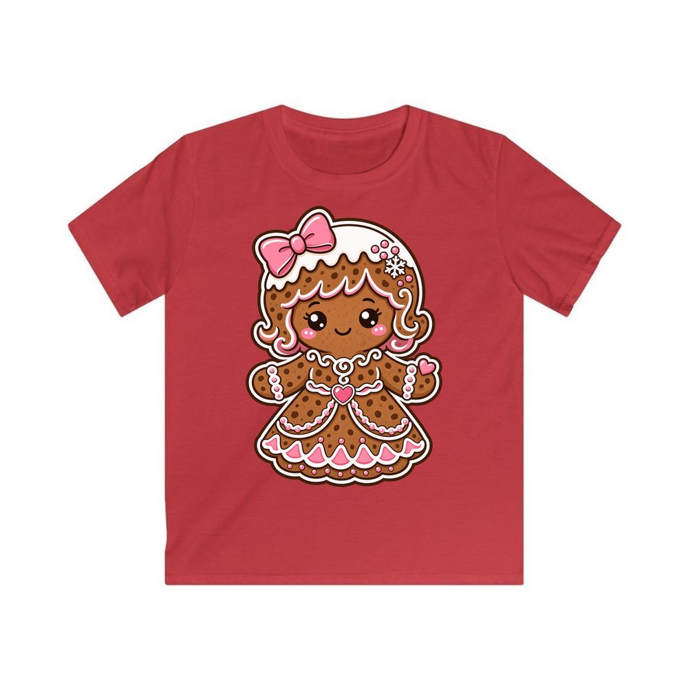 Pink Gingerbread Girl Biscuit personalised kids Christmas tee in red