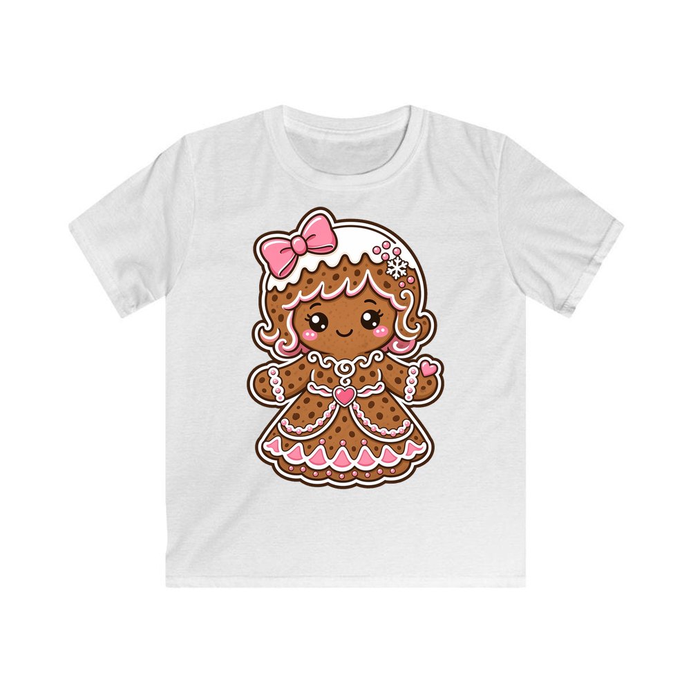 Pink Gingerbread Girl Biscuit personalised kids Christmas tee in white