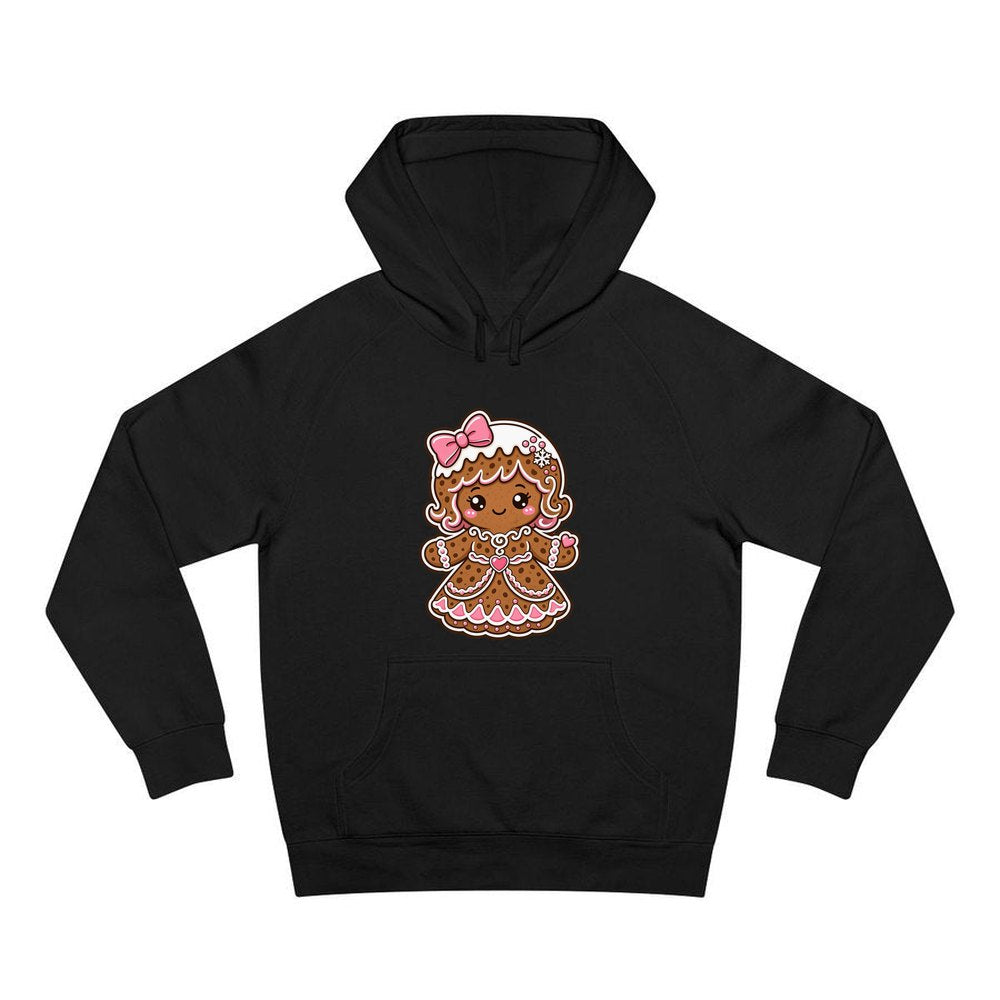 Pink Gingerbread Girl Biscuit personalised Christmas hoodie in black
