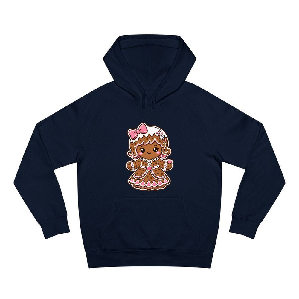 Pink Gingerbread Girl Biscuit personalised Christmas hoodie in navy