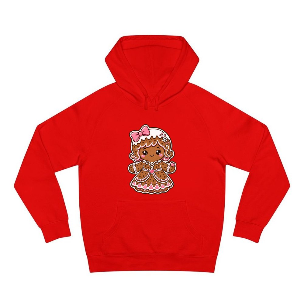 Pink Gingerbread Girl Biscuit personalised Christmas hoodie in red