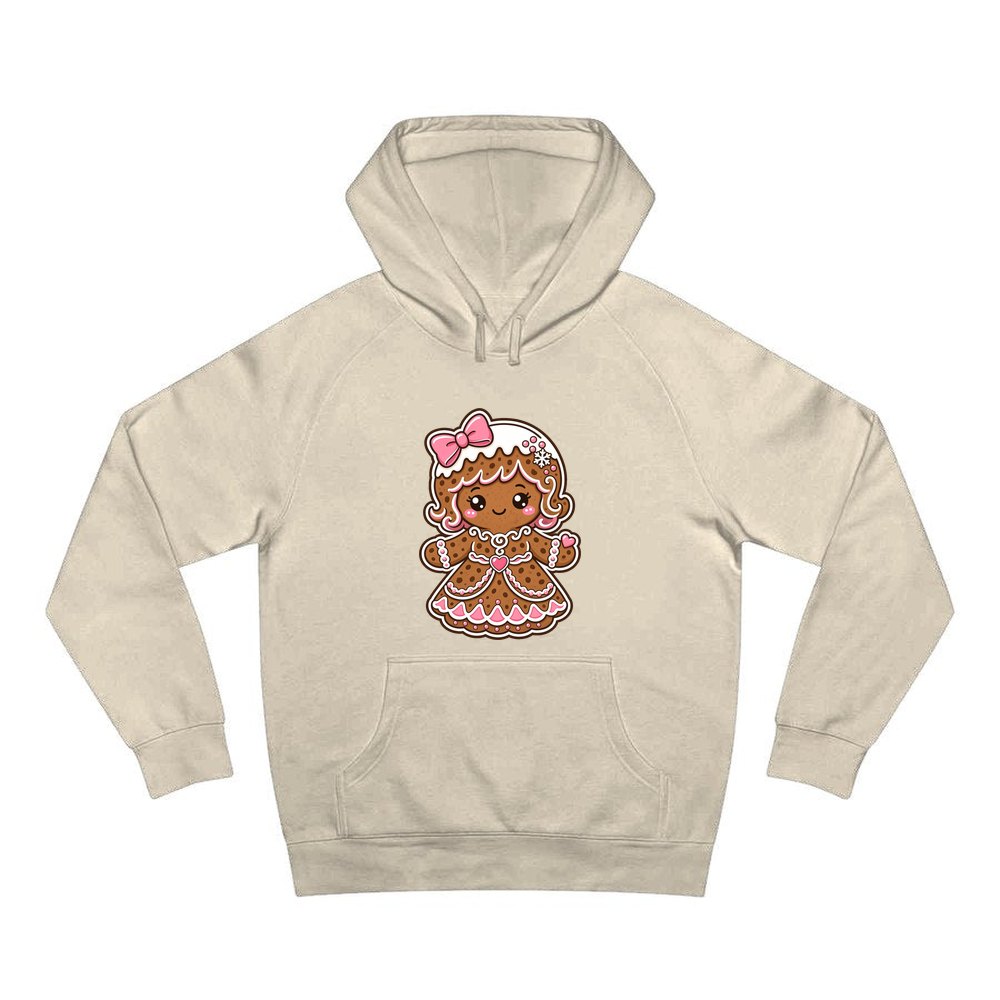 Pink Gingerbread Girl Biscuit personalised Christmas hoodie in sand