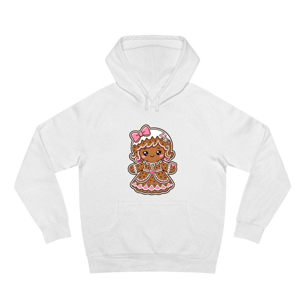 Pink Gingerbread Girl Biscuit personalised Christmas hoodie in white