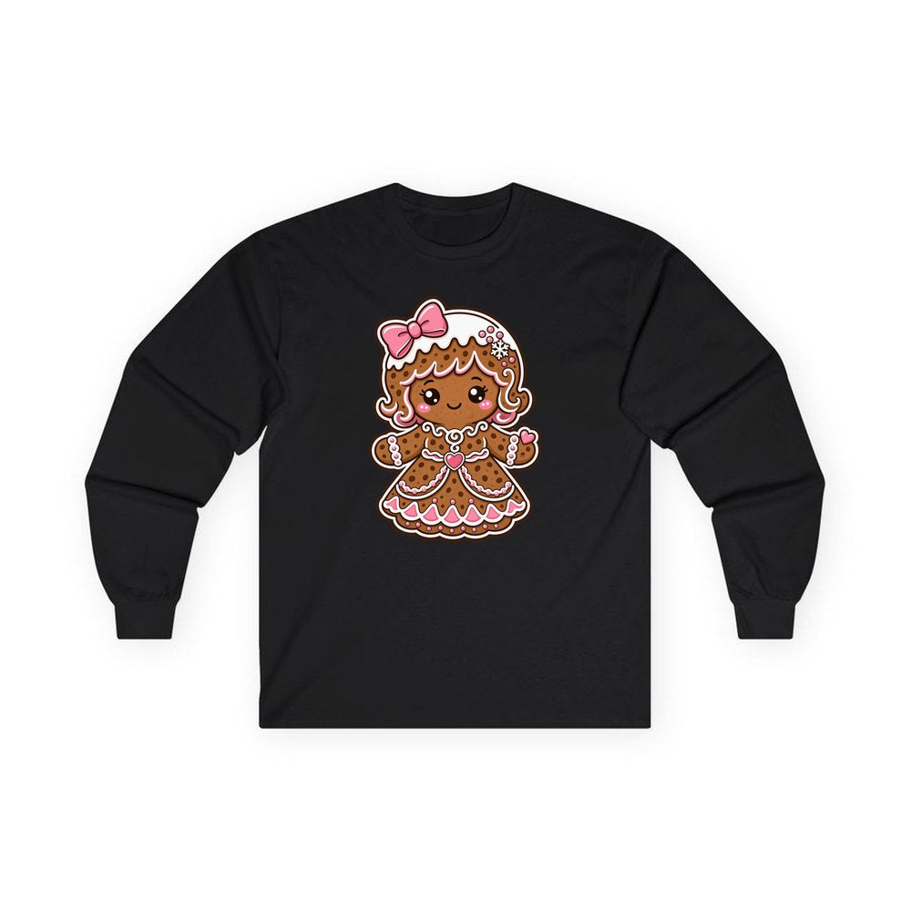 Pink Gingerbread Girl Biscuit personalised long sleeve Christmas T-shirt in black