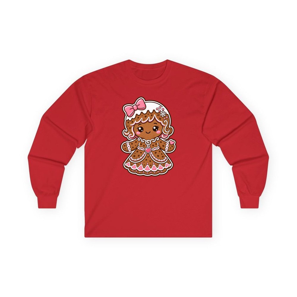 Pink Gingerbread Girl Biscuit personalised long sleeve Christmas T-shirt in red