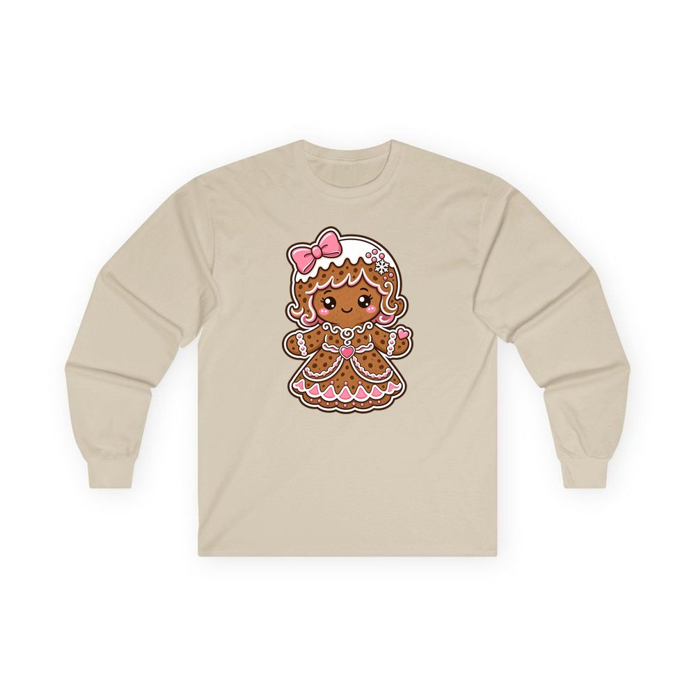 Pink Gingerbread Girl Biscuit personalised long sleeve Christmas T-shirt in sand