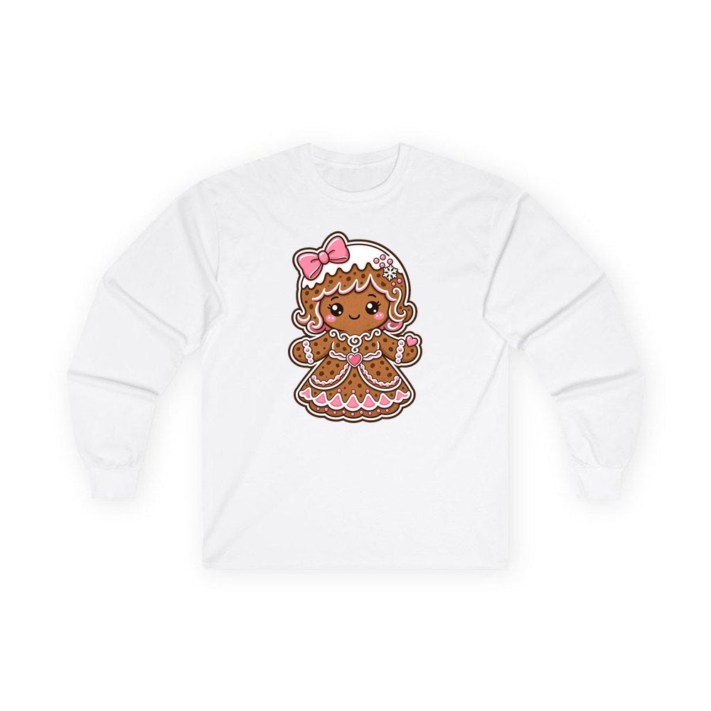 Pink Gingerbread Girl Biscuit personalised long sleeve Christmas T-shirt in white