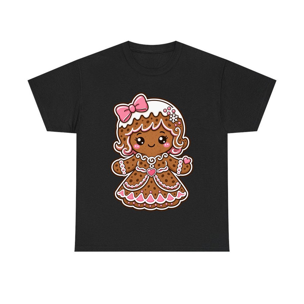 Pink Gingerbread Girl Biscuit personalised Christmas T-shirt in black