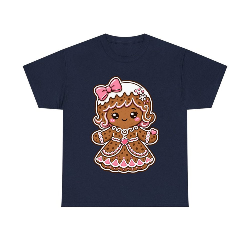 Pink Gingerbread Girl Biscuit personalised Christmas T-shirt in navy