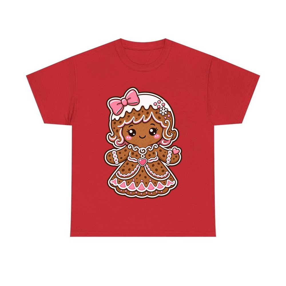 Pink Gingerbread Girl Biscuit personalised Christmas T-shirt in red