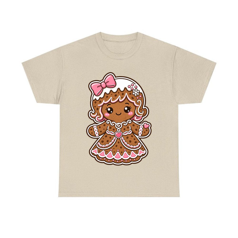 Pink Gingerbread Girl Biscuit personalised Christmas T-shirt in sand