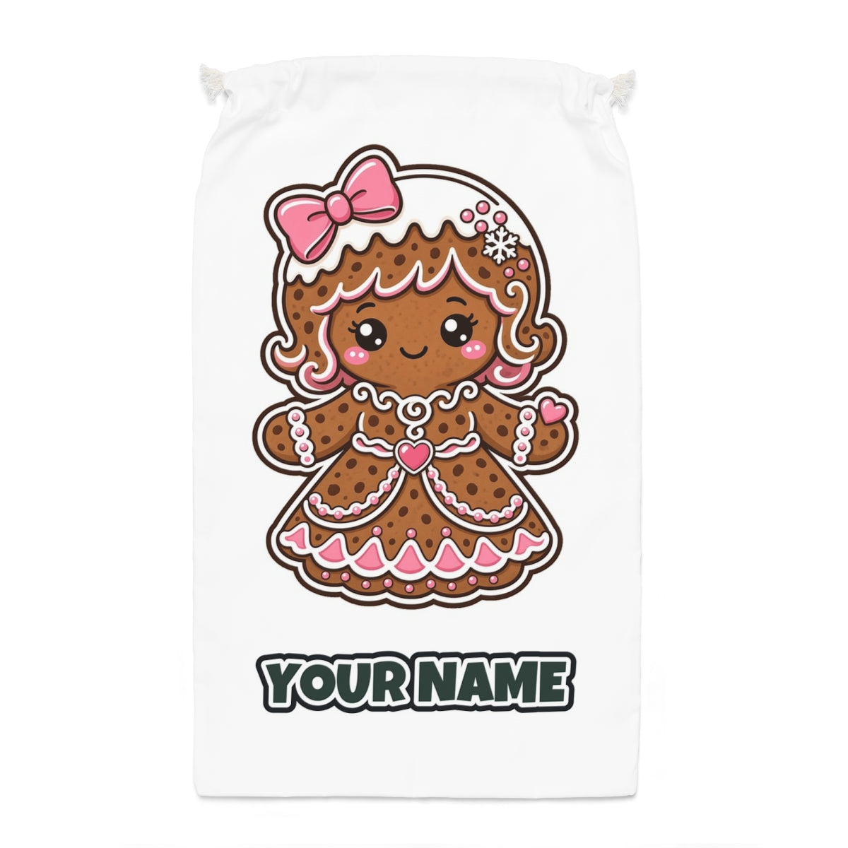 Pink Gingerbread Girl Biscuit Santa sack laid flat, showing the full print