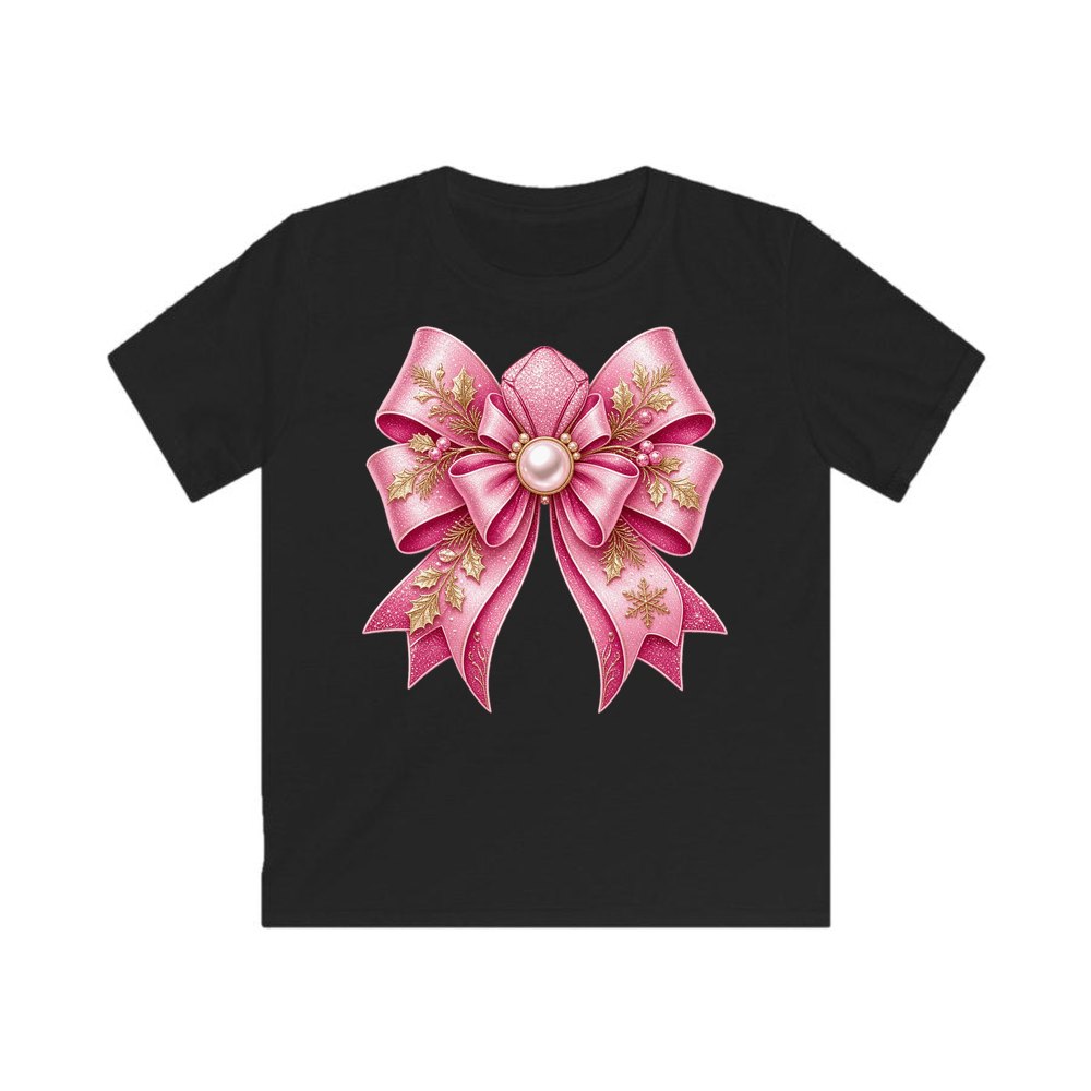Pink Glitter Bow With Pearl personalised kids Christmas tee in black