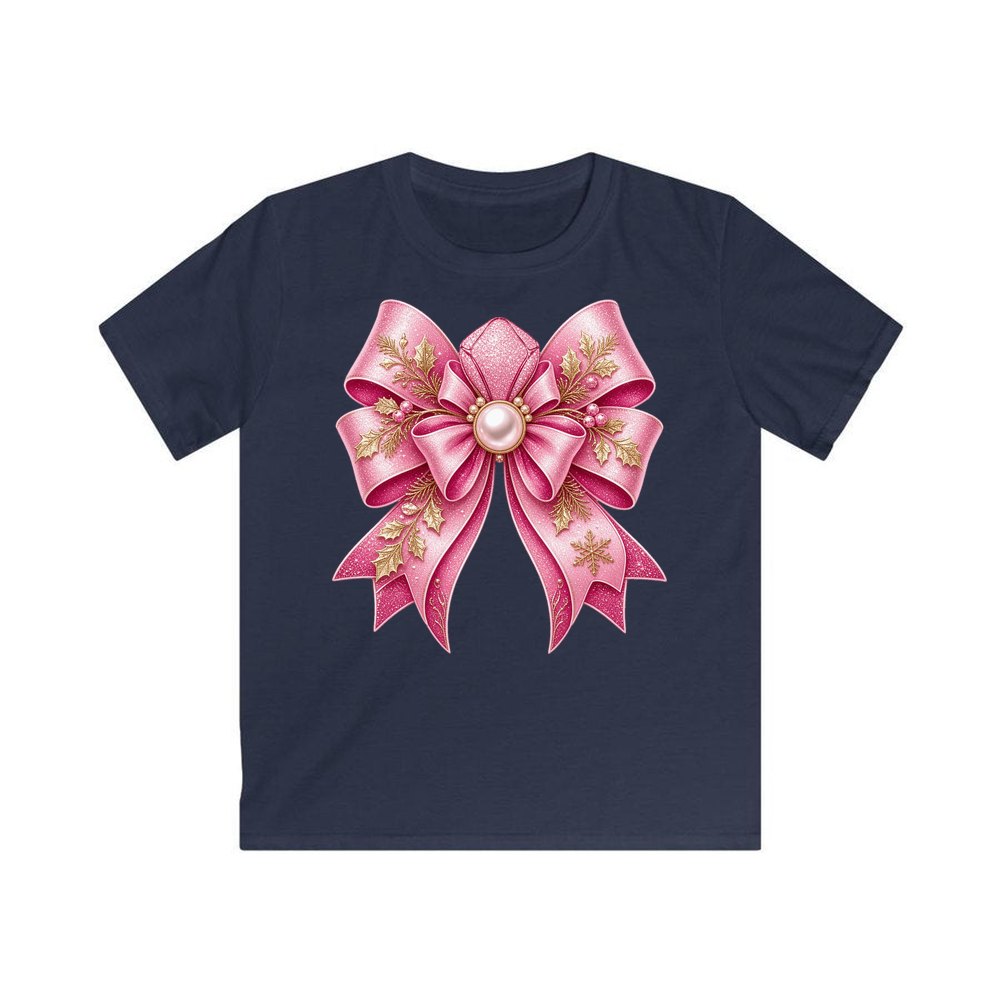 Pink Glitter Bow With Pearl personalised kids Christmas tee in navy