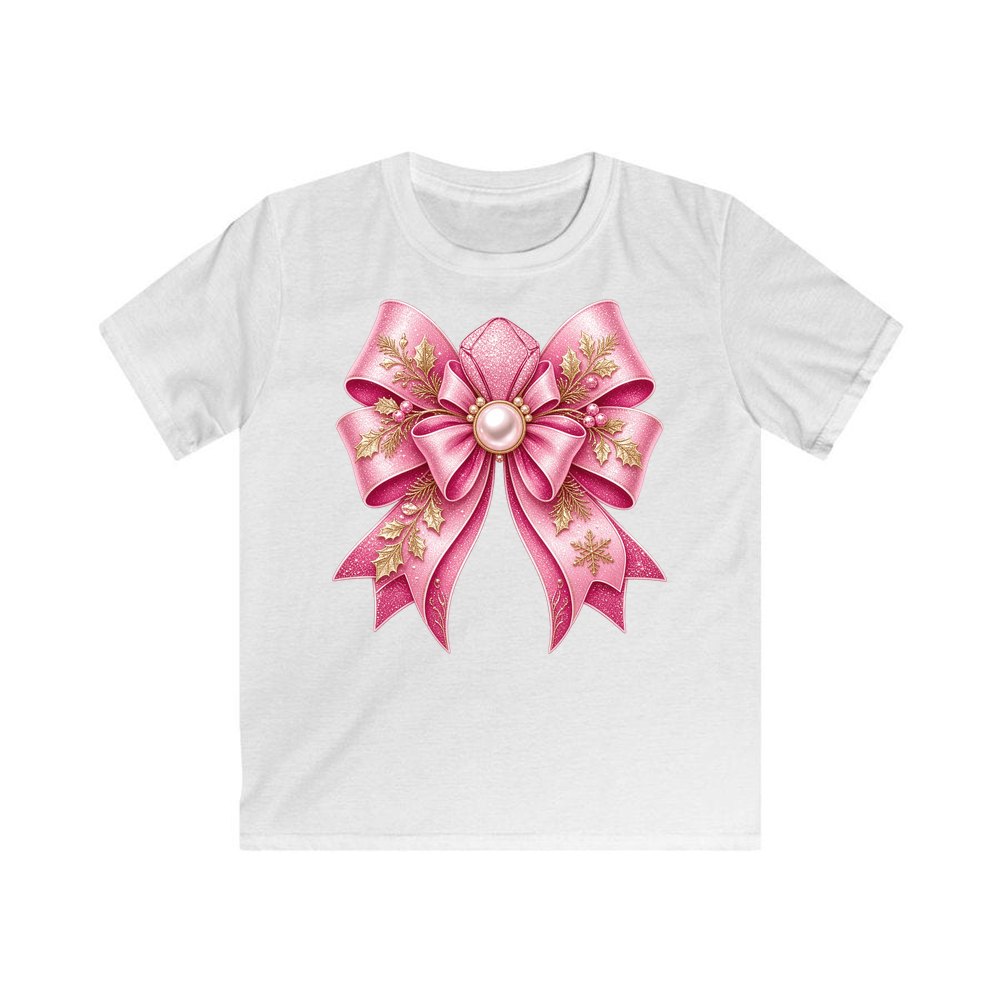 Pink Glitter Bow With Pearl personalised kids Christmas tee in white