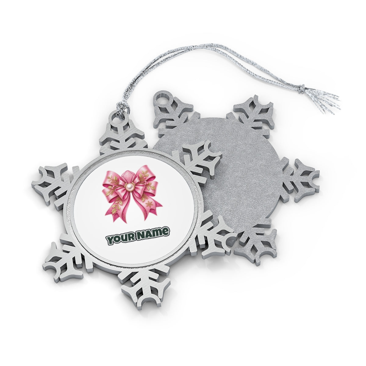 Pink Glitter Bow With Pearl Personalised Pewter Christmas Ornament