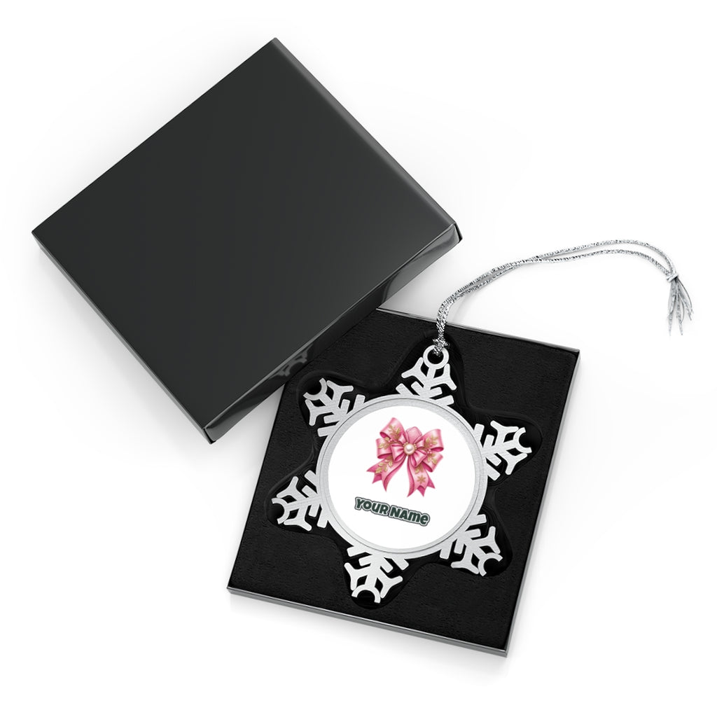 Pink Glitter Bow With Pearl Personalised Pewter Christmas Ornament