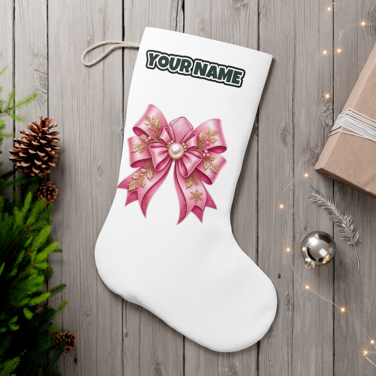 Pink Glitter Bow With Pearl personalised Christmas stocking, white, with the name across the top
