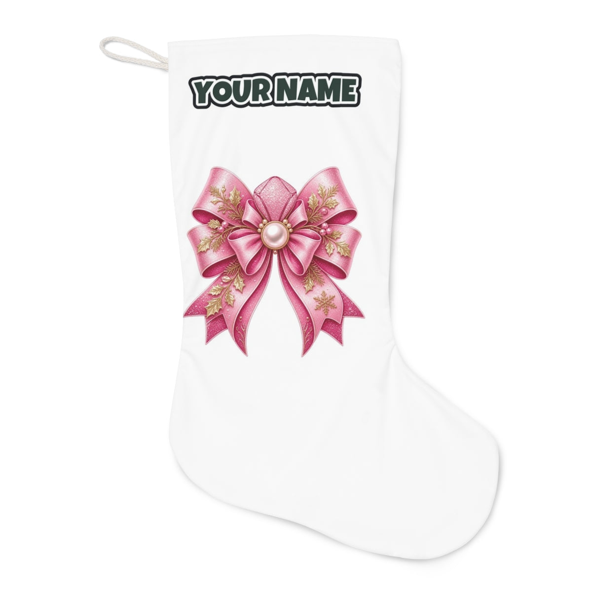 Pink Glitter Bow With Pearl Christmas stocking laid flat, showing the full print