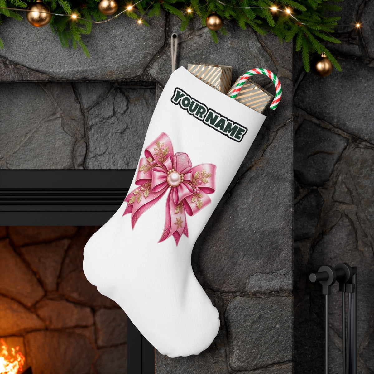 Pink Glitter Bow With Pearl personalised Christmas stocking hanging on a mantel