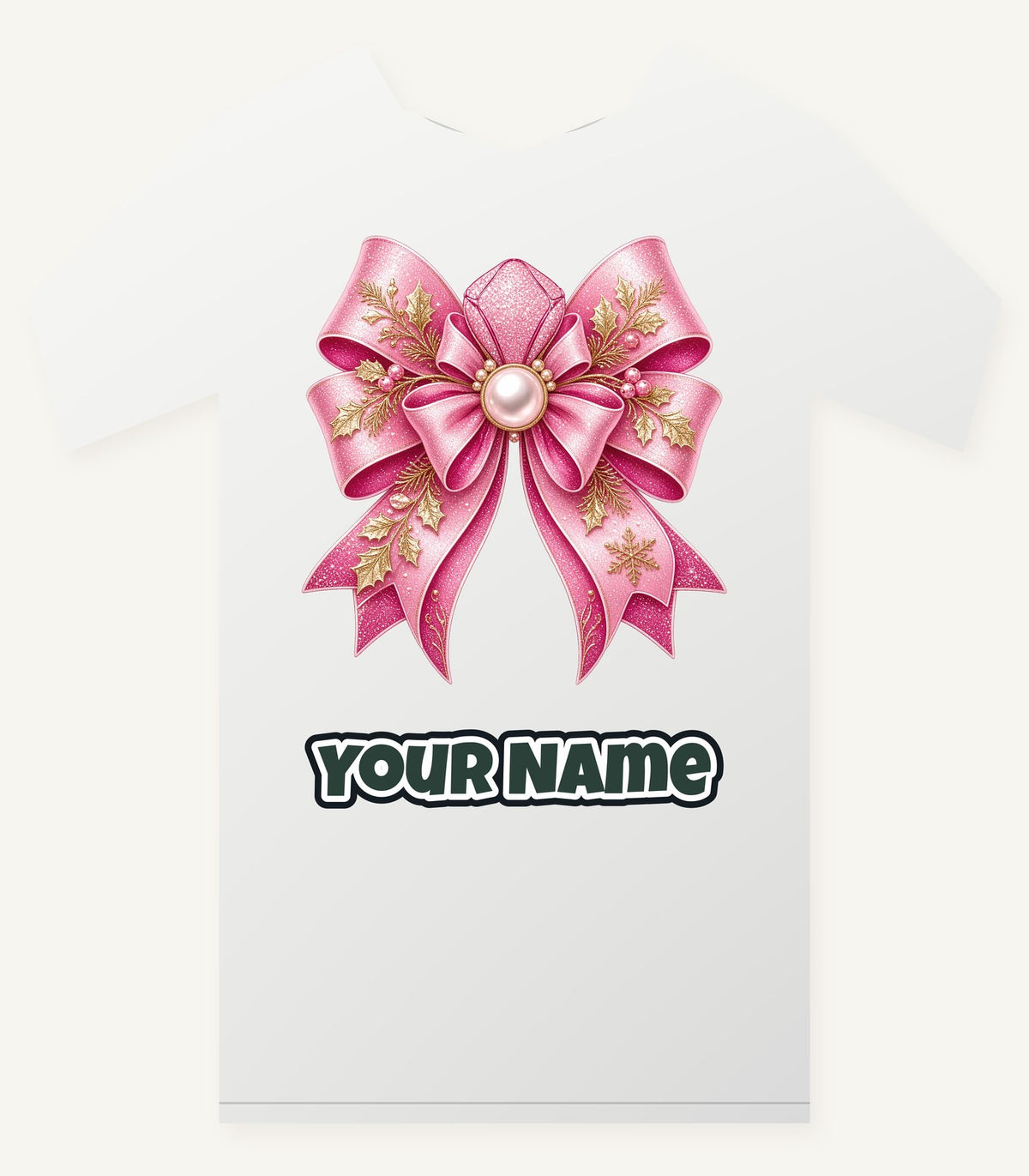 Pink Glitter Bow With Pearl Personalised Christmas T-Shirt and Hoodie