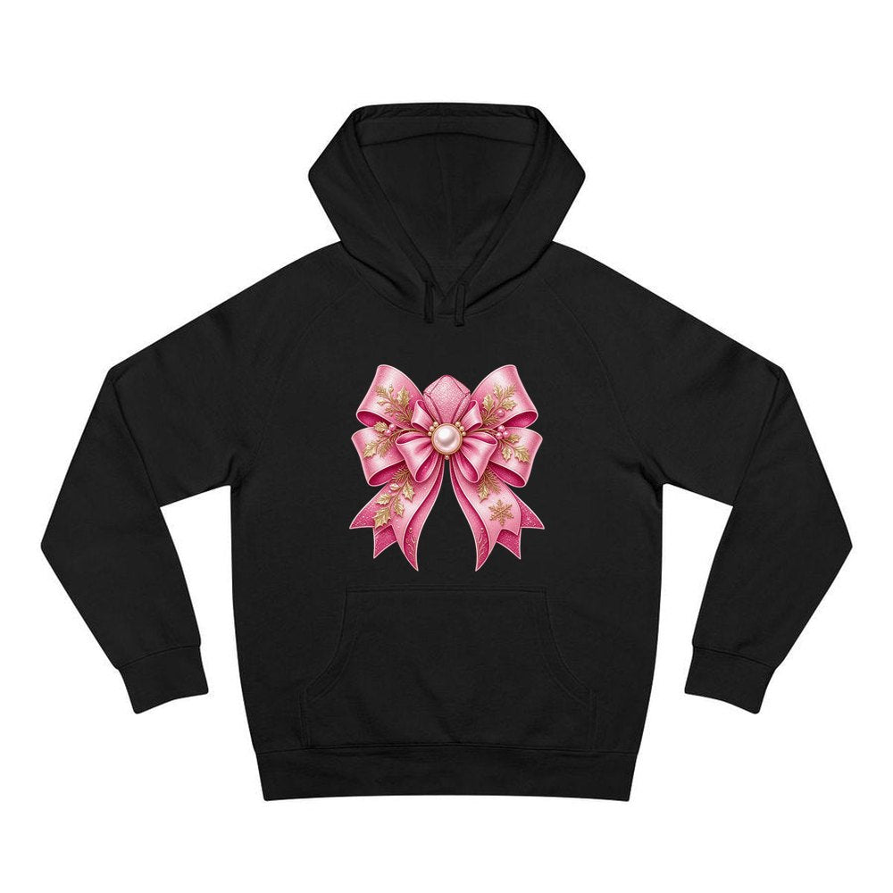 Pink Glitter Bow With Pearl personalised Christmas hoodie in black