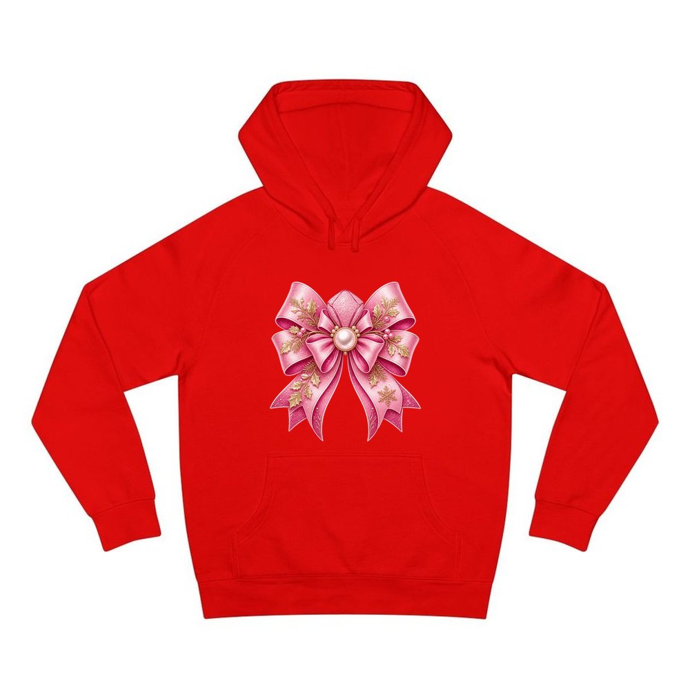 Pink Glitter Bow With Pearl personalised Christmas hoodie in red