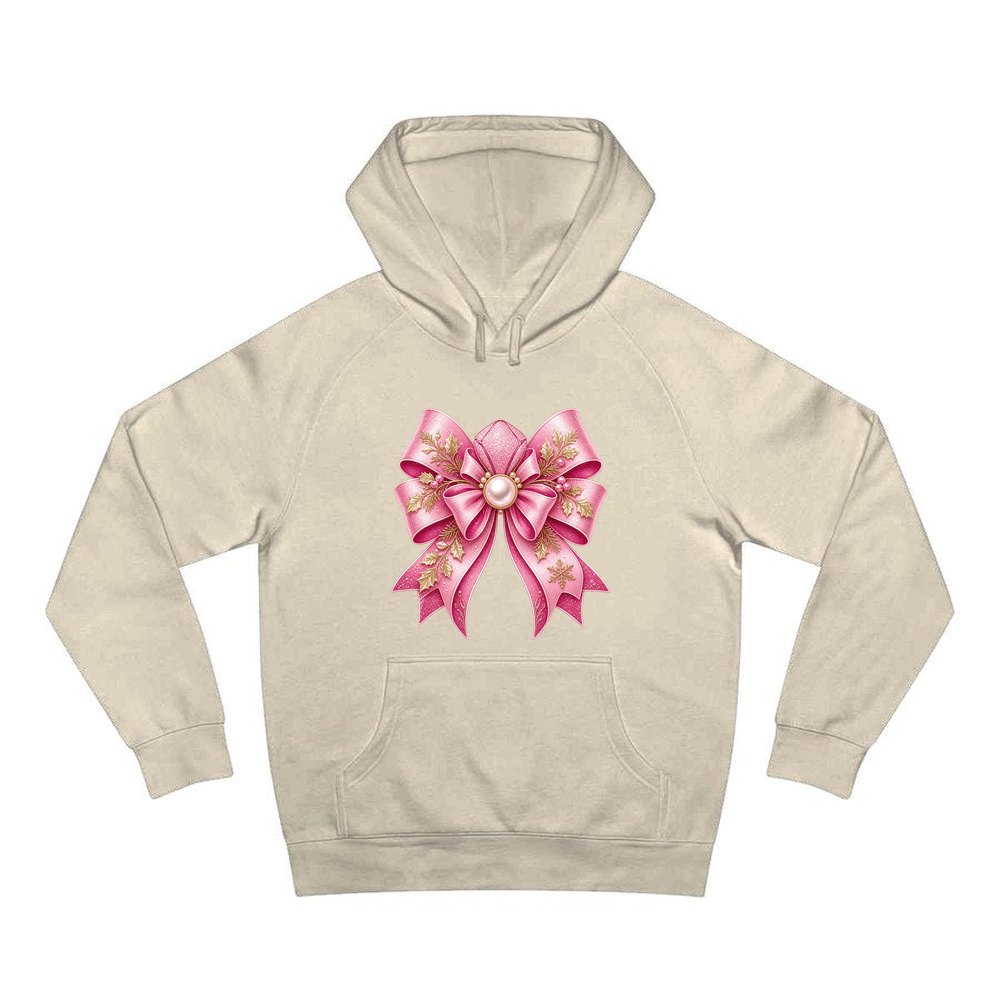 Pink Glitter Bow With Pearl personalised Christmas hoodie in sand