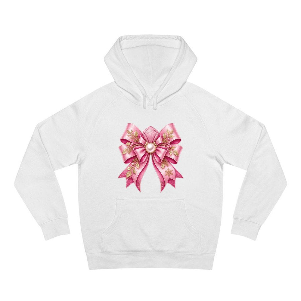 Pink Glitter Bow With Pearl personalised Christmas hoodie in white