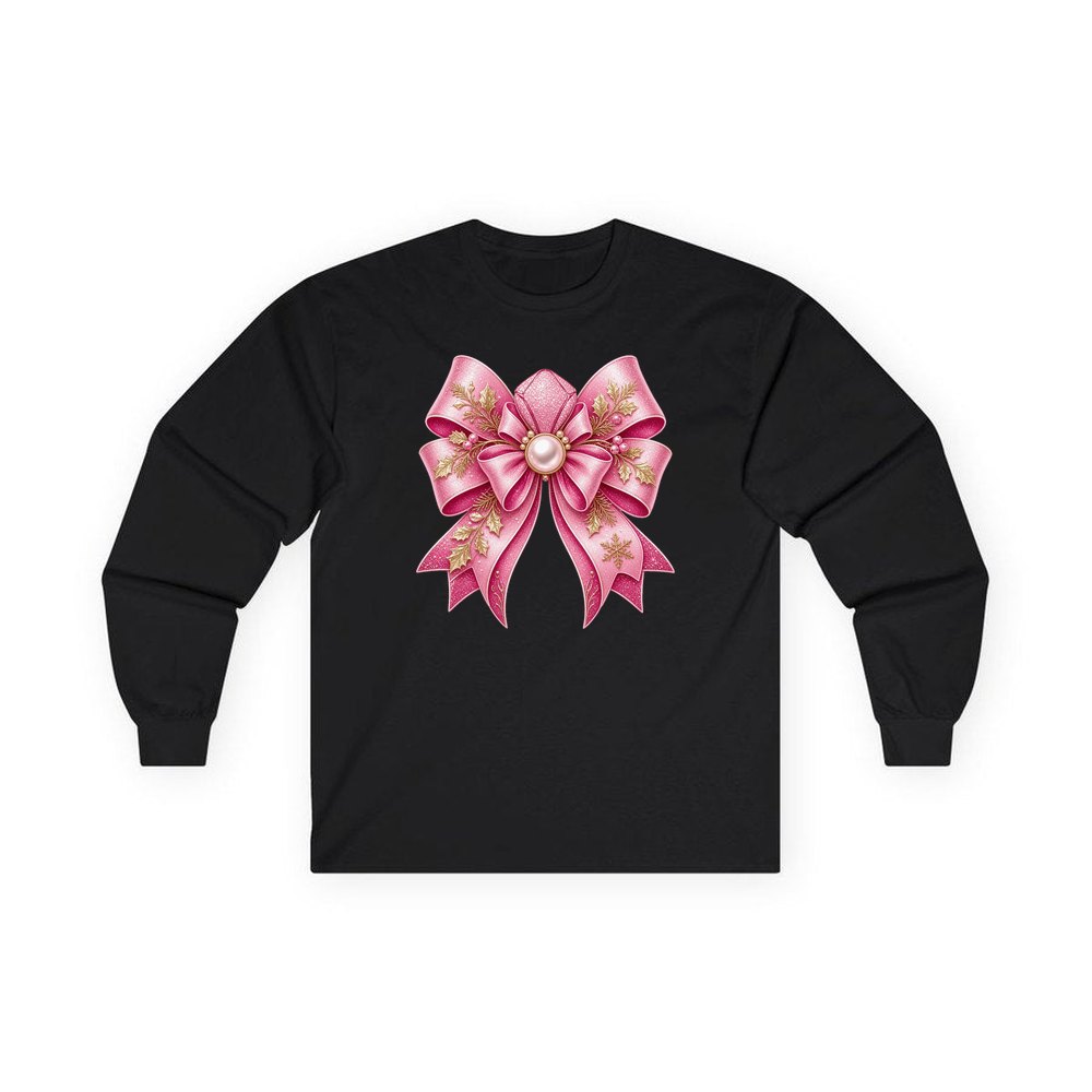 Pink Glitter Bow With Pearl personalised long sleeve Christmas T-shirt in black