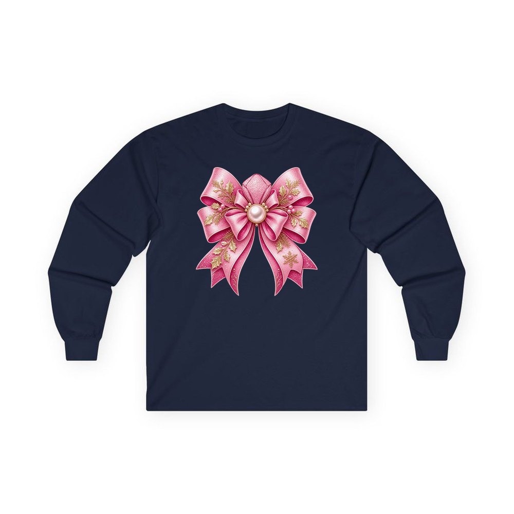 Pink Glitter Bow With Pearl personalised long sleeve Christmas T-shirt in navy