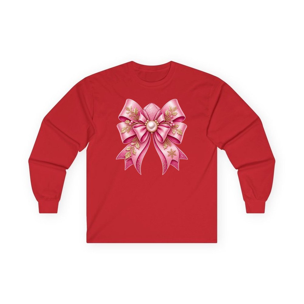 Pink Glitter Bow With Pearl personalised long sleeve Christmas T-shirt in red