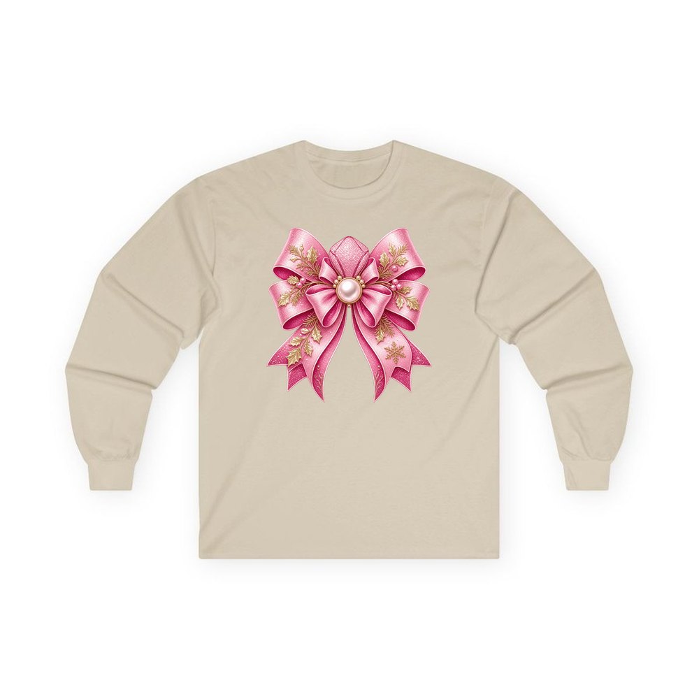 Pink Glitter Bow With Pearl personalised long sleeve Christmas T-shirt in sand