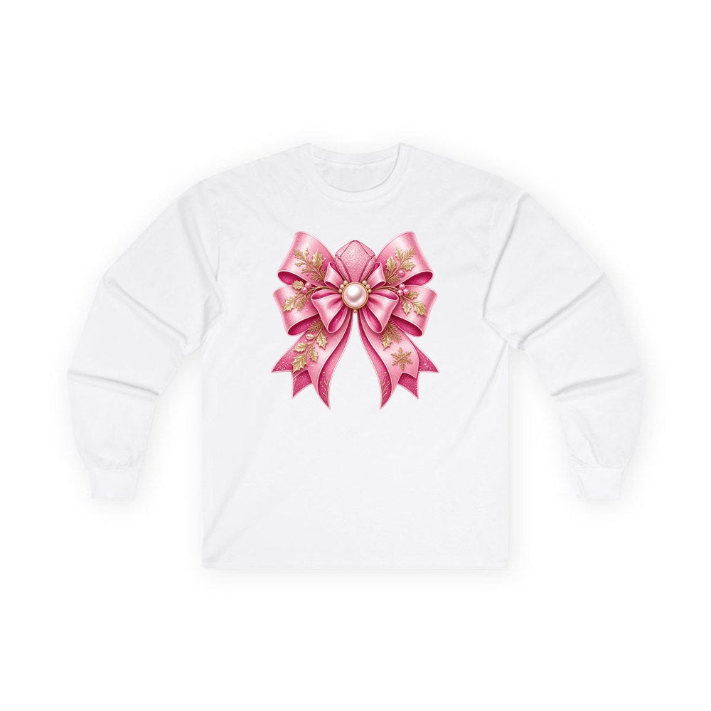Pink Glitter Bow With Pearl personalised long sleeve Christmas T-shirt in white