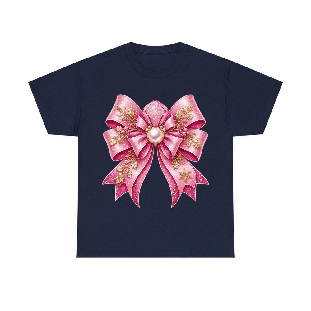 Pink Glitter Bow With Pearl personalised Christmas T-shirt in navy
